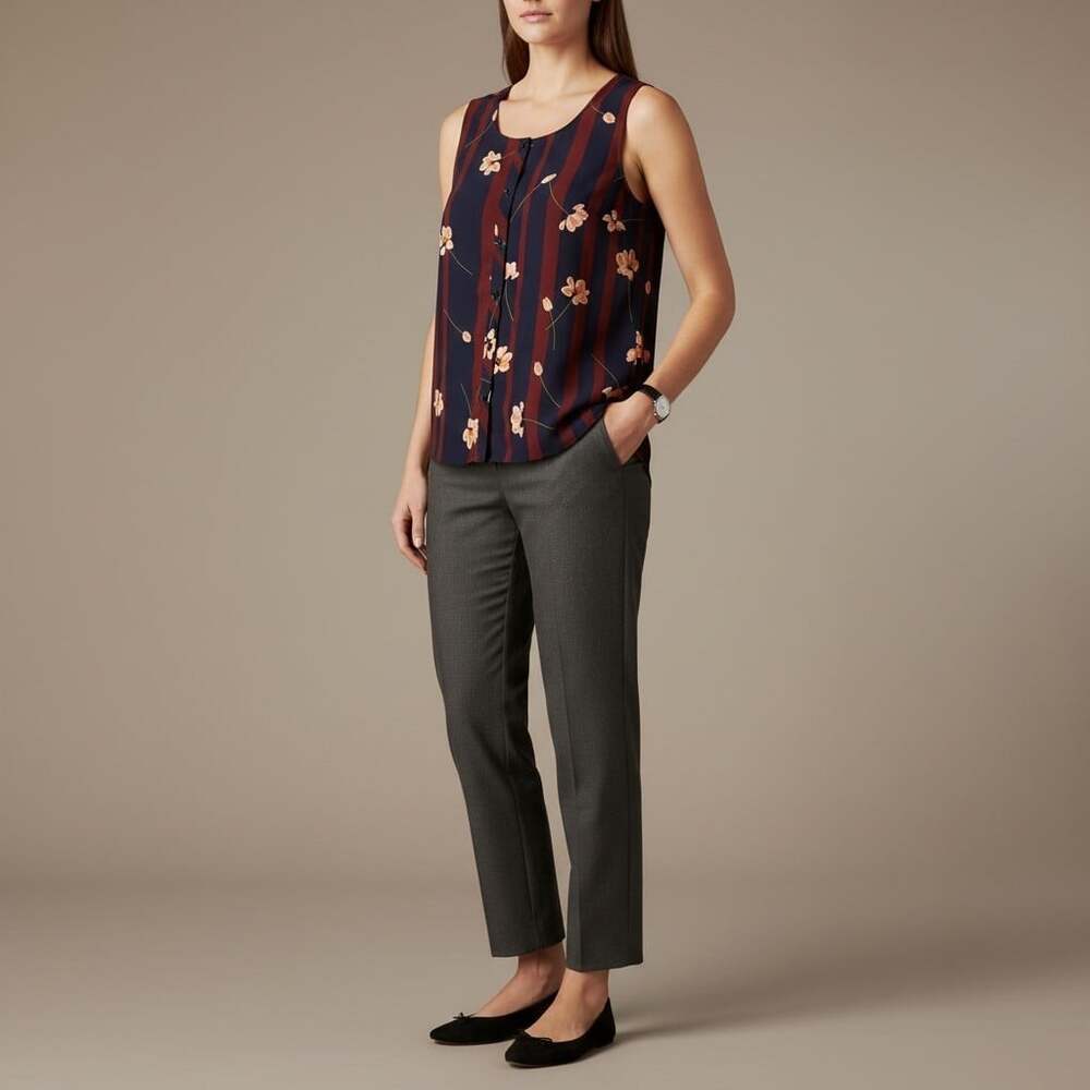 CAbi Navy Burgundy Stripe Floral Sleeveless Button Front Blouse Size M